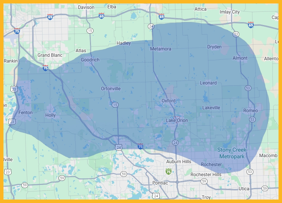 A screenshot of a map that has a blue tint over HMC Orion Service area