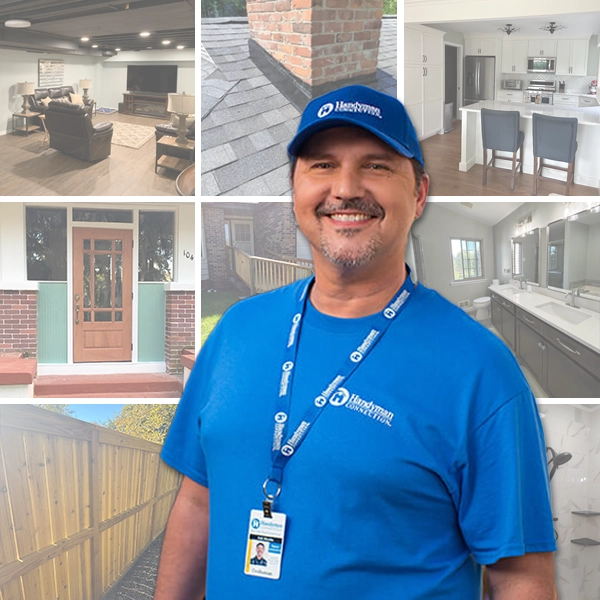 A Graphic collage of a Handyman Connection employee in front of 9 past projects
