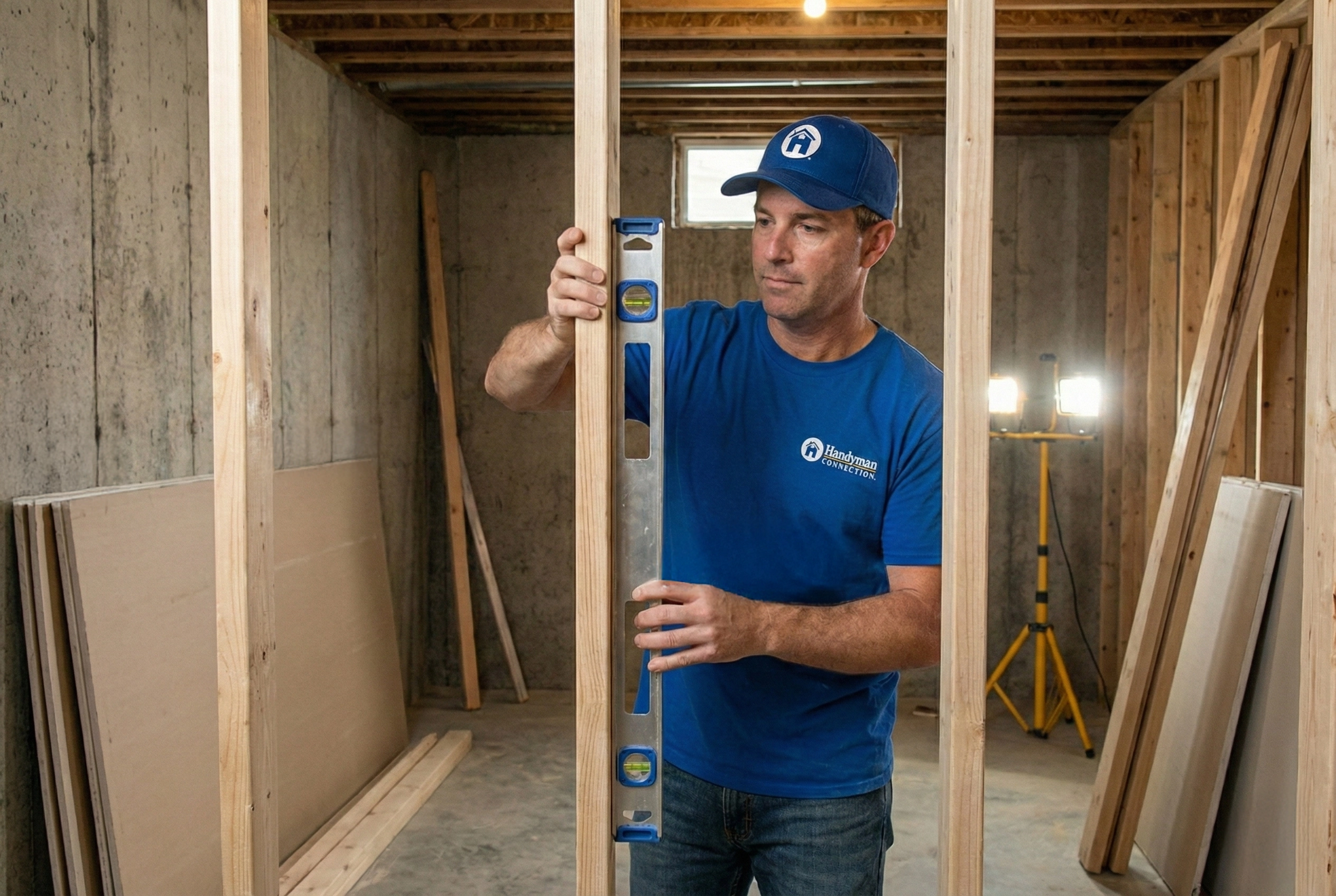 A photo of a Handyman Connection worker leveling board during basement remodel