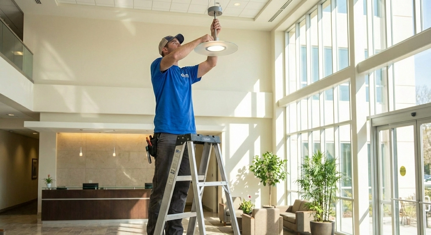 A photo of a hmc worker installing a light fixture in a commercial space
