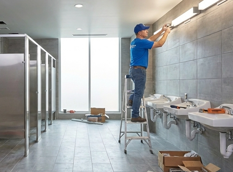 A hmc worker installs lighting in a commercial bathroom