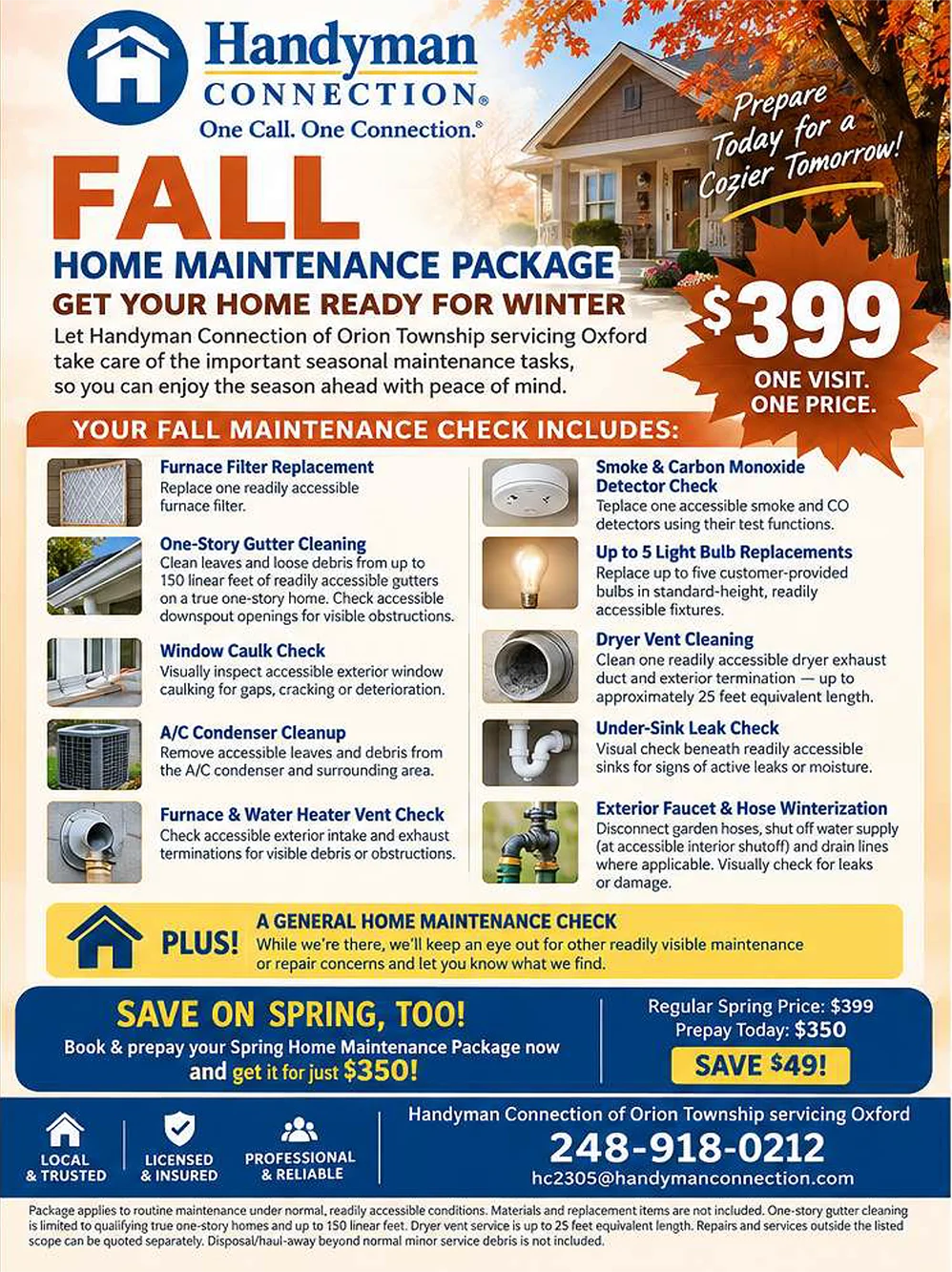 A flyer from Handyman Connection for the Fall Home Maintenance Package